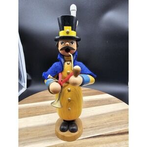 Vintage Erzgebirge Wooden Smoker Figurine Incence Burner Man With Horn And Pipe